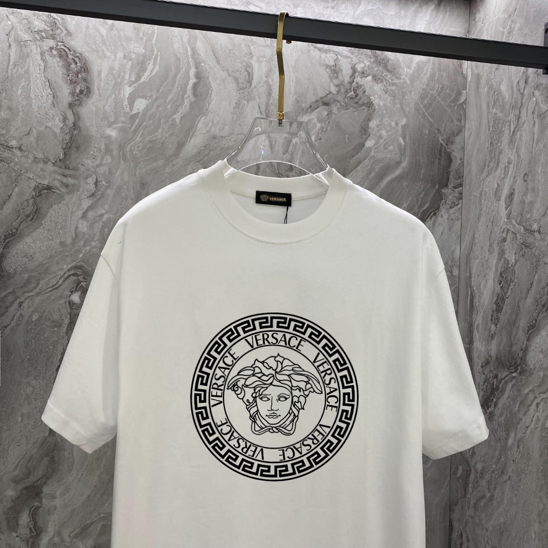 Versace white crewneck T-shirt with large circular Greca logo graphic on the chest