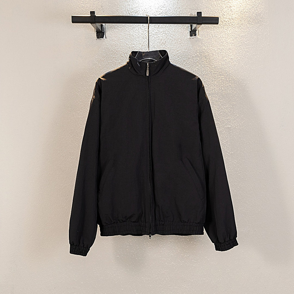 Black Balenciaga long zip-up jacket with stand collar and full-length zipper