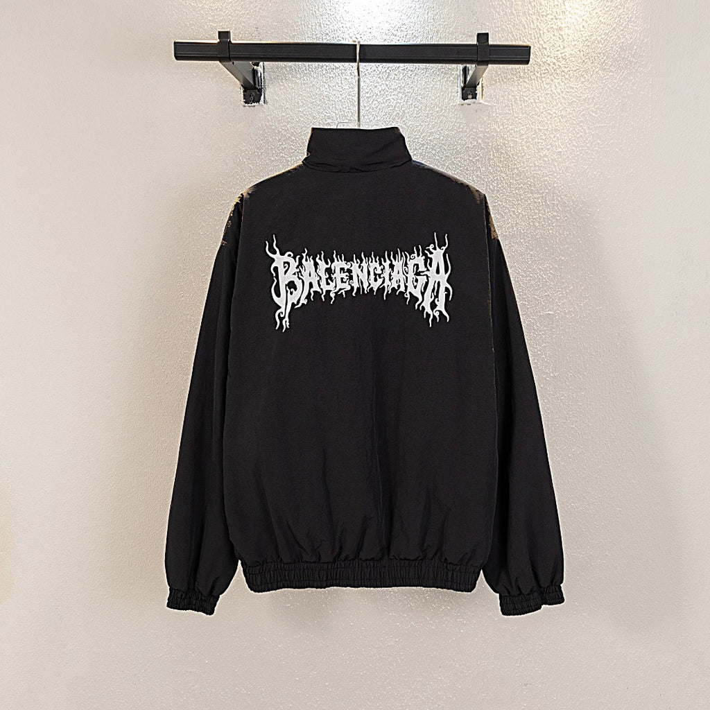Black Balenciaga long zip-up jacket with back graphic logo