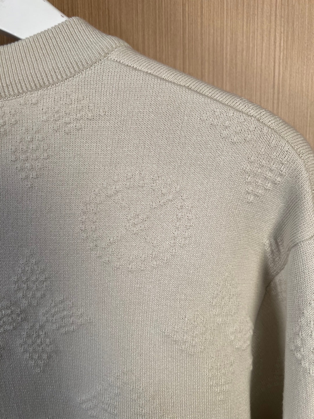 Cream long-sleeve sweater close-up, textured knit on back