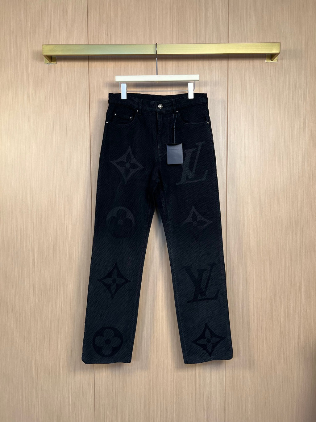 Dark denim pants with all-over monogram print, straight leg cut