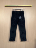 Dark denim pants with all-over monogram print, straight leg cut