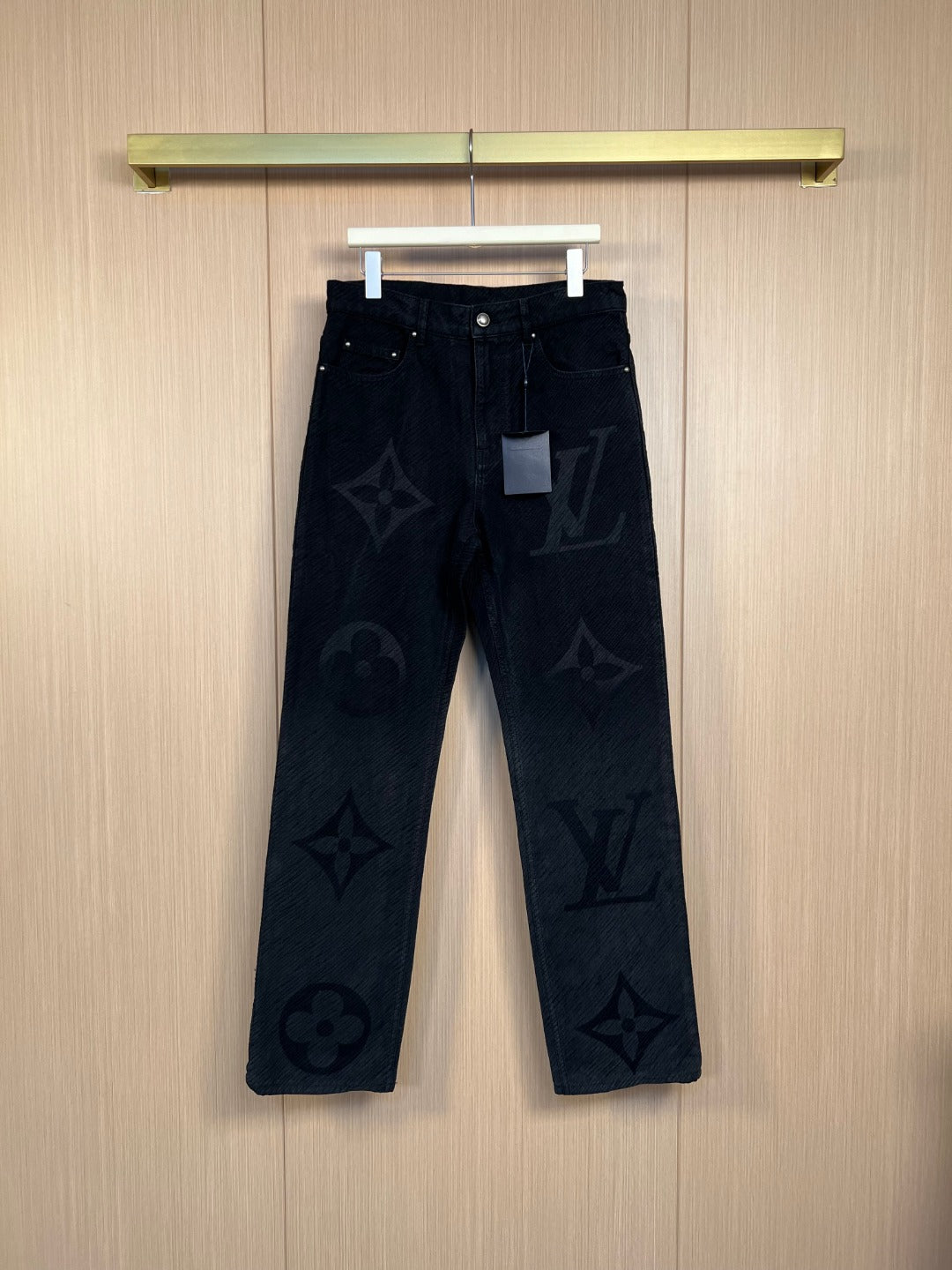 Dark denim pants with all-over monogram print, straight leg cut