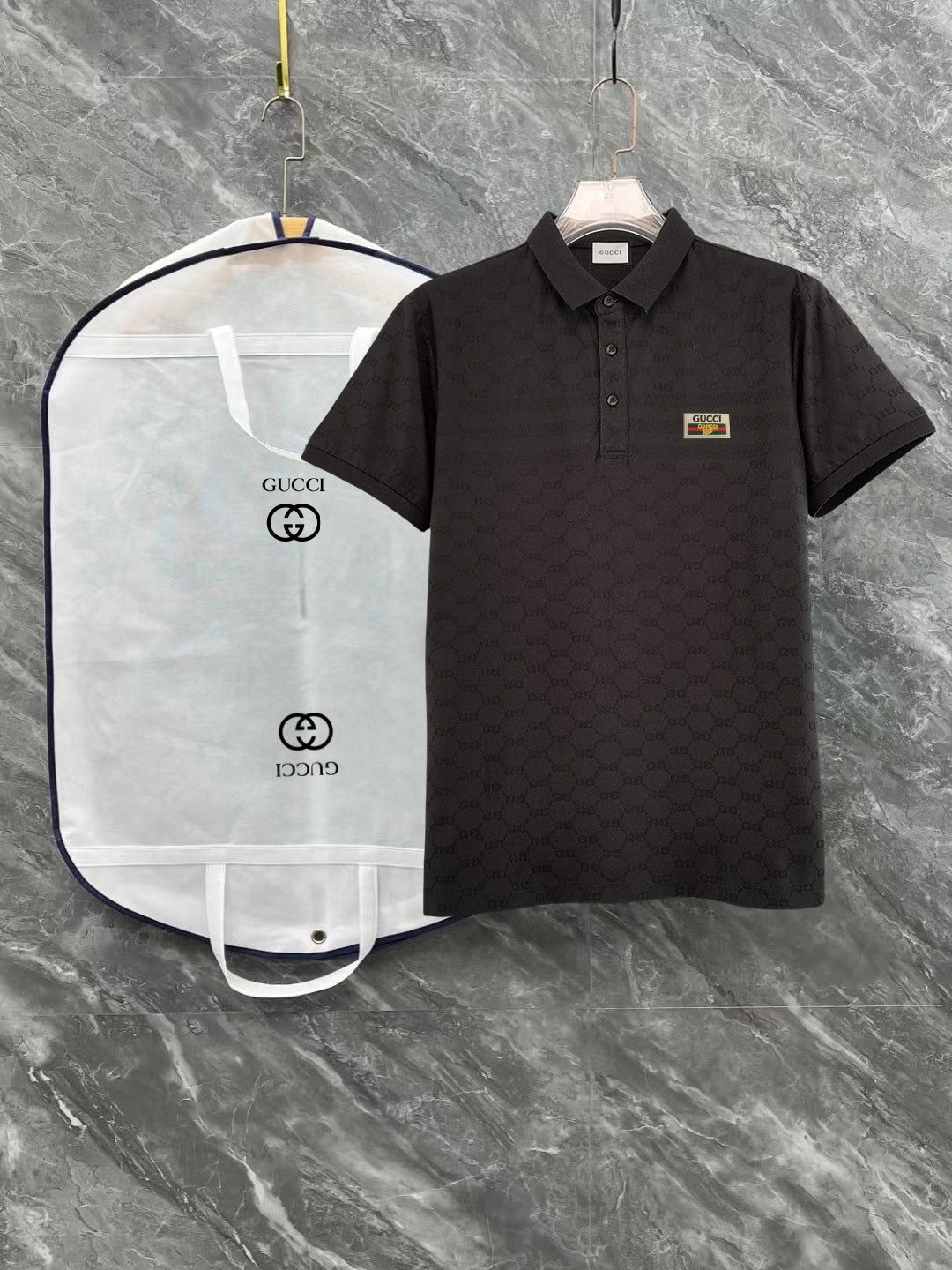Gucci polo shirt set, black short-sleeve with collar and logo patch