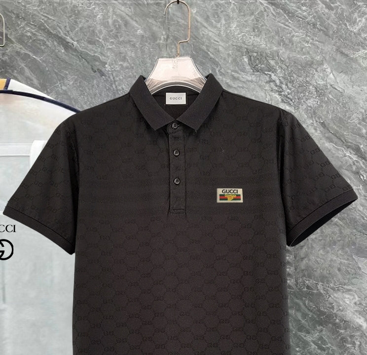Gucci polo shirt, black short-sleeve with button placket and logo patch
