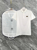 Gucci polo shirt set, white short-sleeve with logo patch and subtle pattern