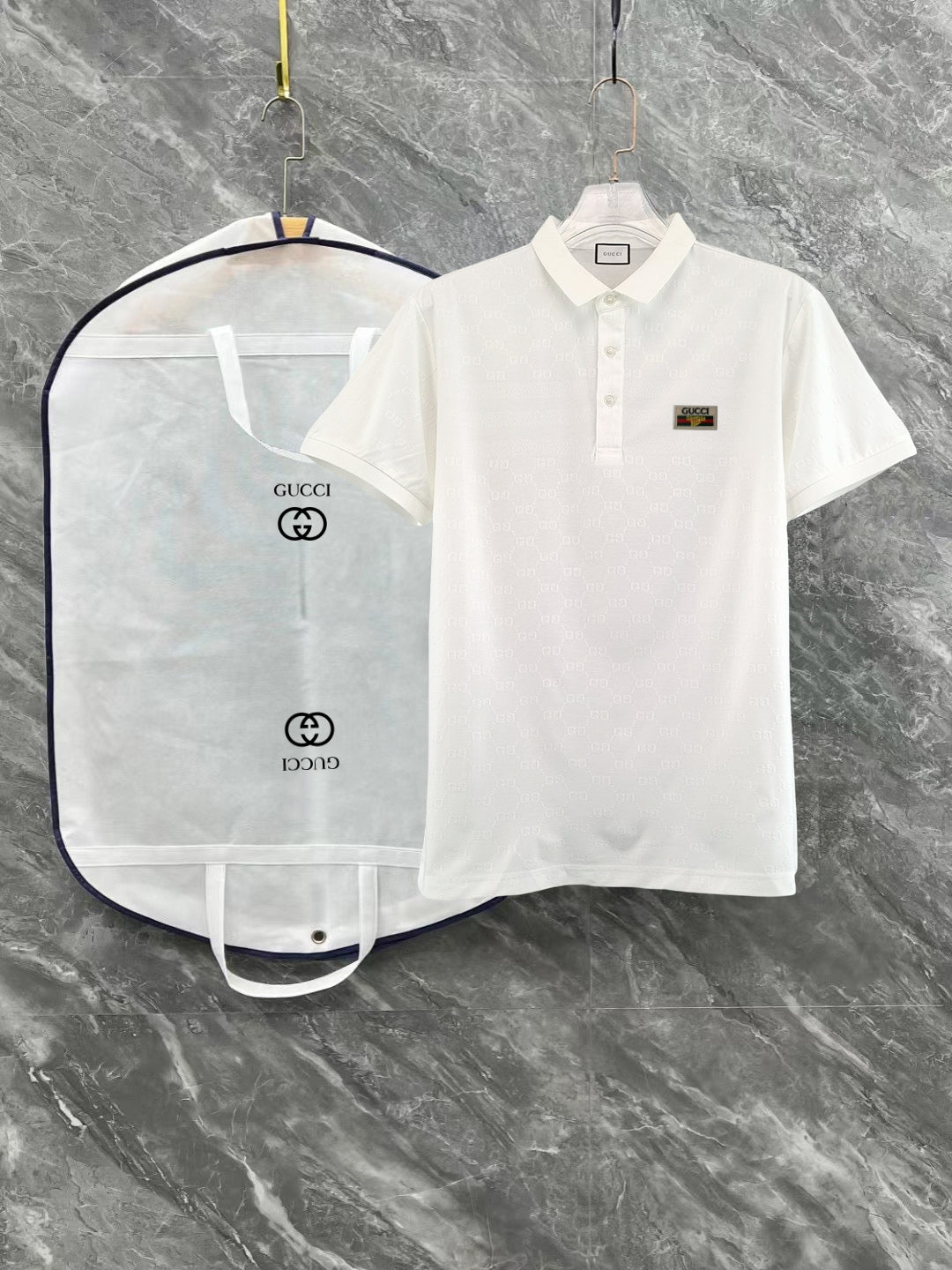 Gucci polo shirt set, white short-sleeve with logo patch and subtle pattern
