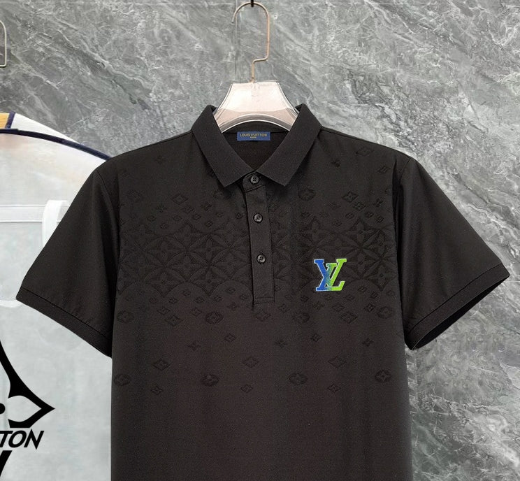 Louis Vuitton black polo shirt front close-up, collar and blue chest logo