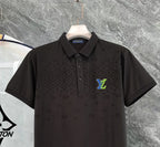 Louis Vuitton black polo shirt front close-up, collar and blue chest logo