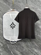 Louis Vuitton polo shirt set: black short-sleeve polo, back view with all-over pattern
