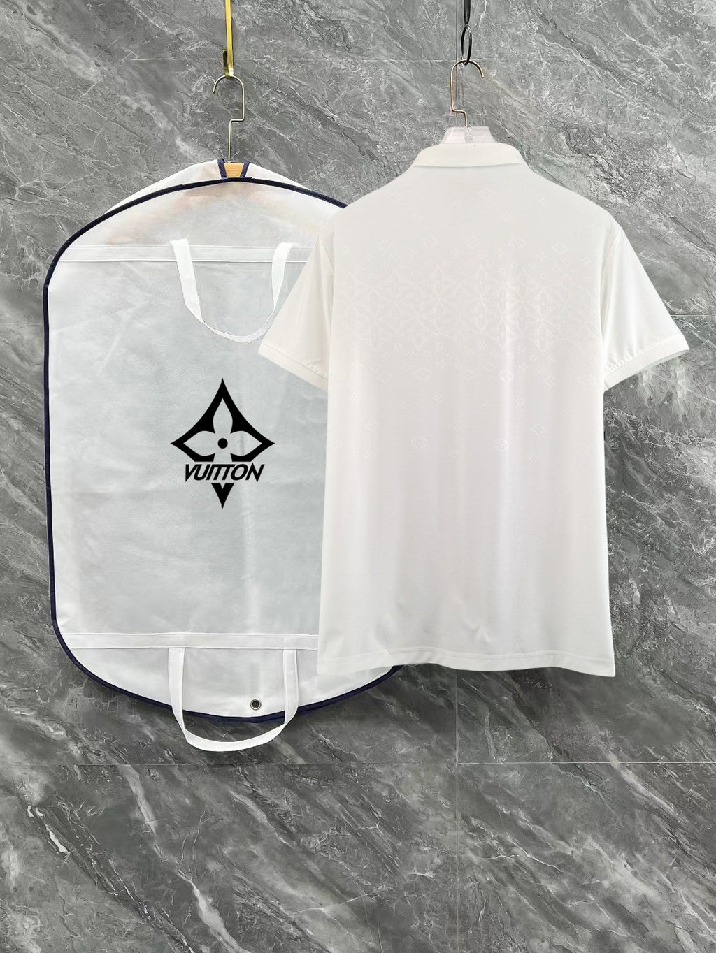 White monogram polo shirt from back with short sleeves and collar