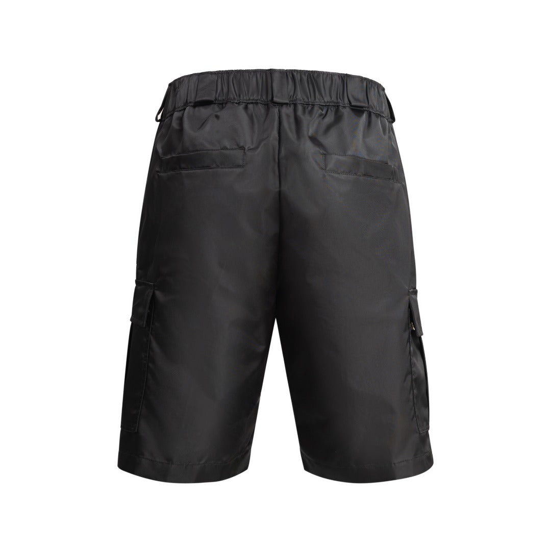Prada black nylon pants, back view with elastic waistband and side cargo pockets