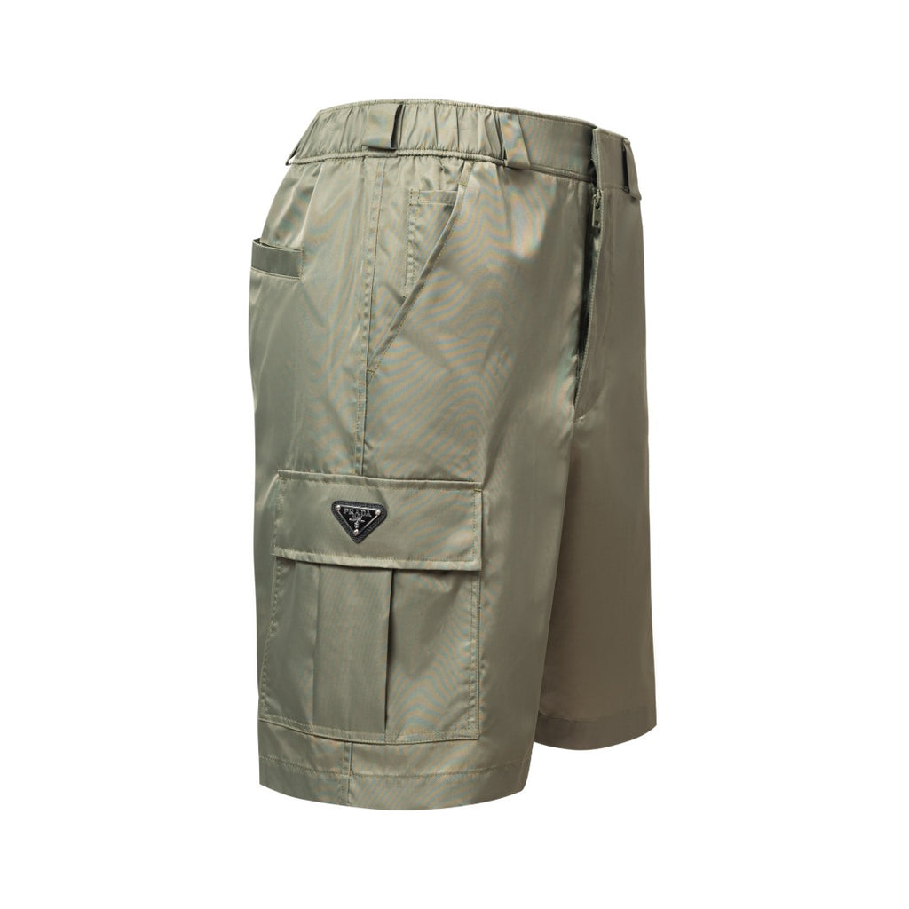 Olive Prada cargo shorts with triangular logo patch and flap pocket