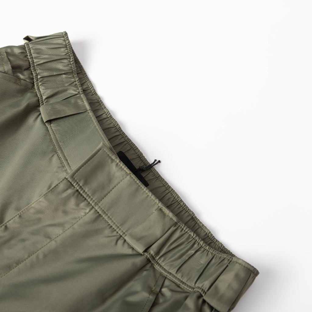 Olive Prada cargo shorts waistband with gathered detail and drawstring