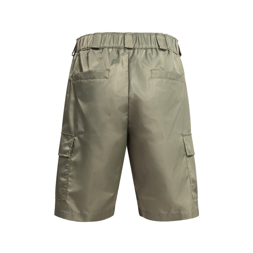 Olive Prada cargo shorts with elastic waistband and side pockets