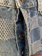 Denim shorts pants side tab with bronze snap buttons and pocket opening