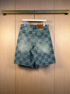 Blue check-pattern denim shorts pants with front pockets and rolled hem