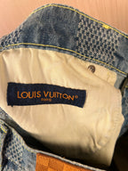 Louis Vuitton logo label on cream inner waistband of denim shorts pants