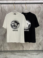 White and black Versace crewneck T-shirts with Medusa logo and VERSACE text