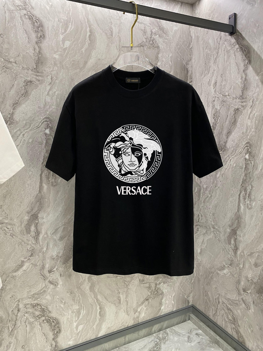 Black Versace crewneck T-shirt with Medusa logo and VERSACE text