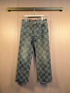 Wide-leg checkered denim pants with belt loops and metal button closure