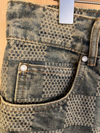 Denim pants with two patch pockets and pearl-style buttons, check pattern
