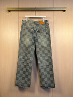 Wide-leg checkered denim pants with belt loops and metal buttons