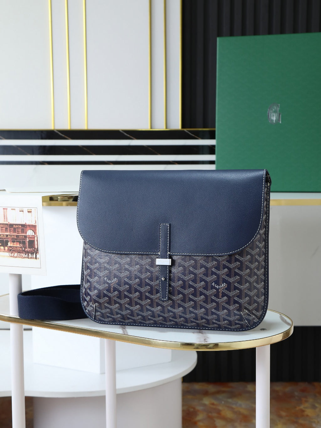 Goyard crossbody bag in dark blue with monogram canvas, front flap and strap