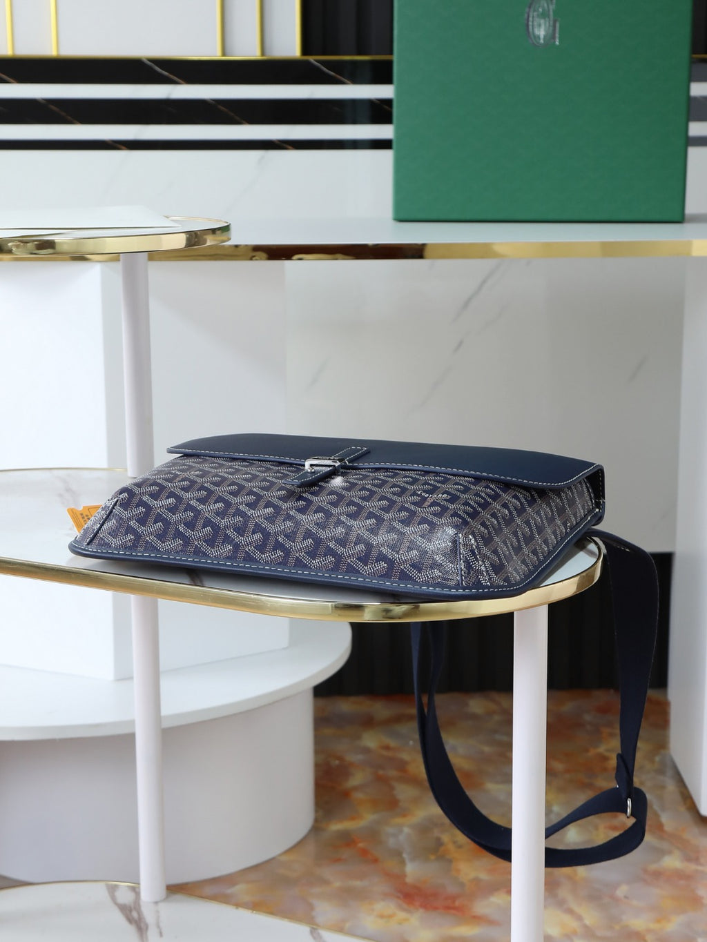 Goyard crossbody bag in dark blue monogram canvas with top handle and strap