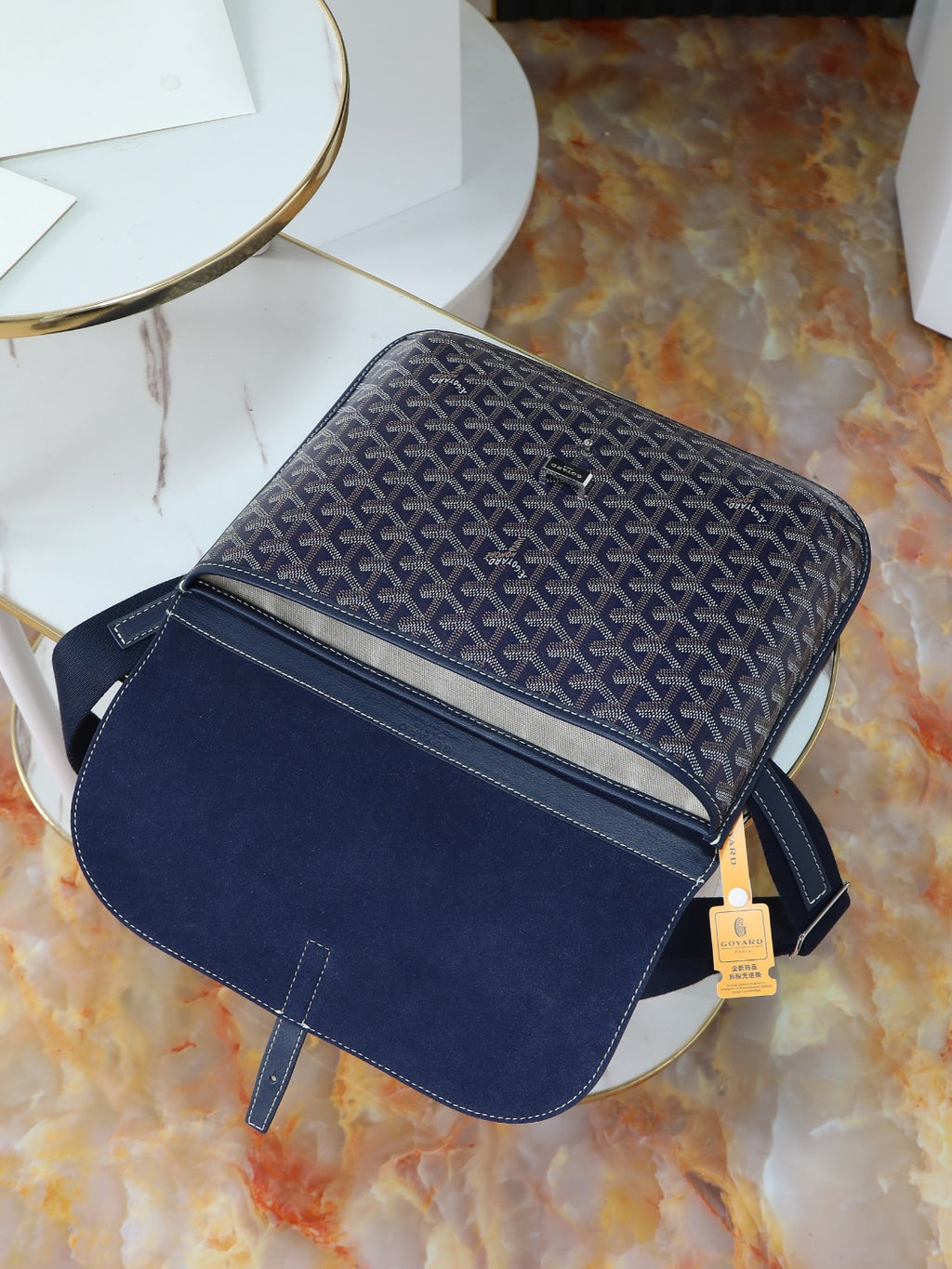 Goyard crossbody bag in dark blue monogram canvas with zipper pocket and strap