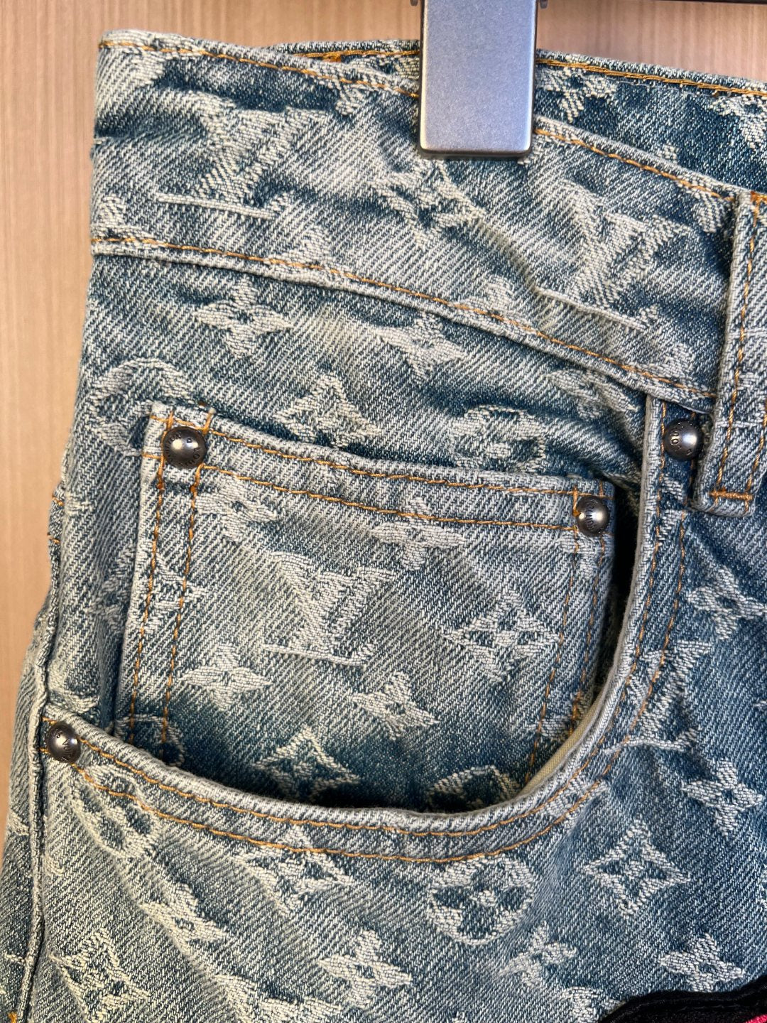 Denim pants close-up of side pocket and stitched coin pocket