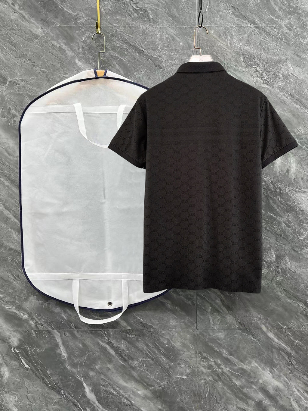 Black Gucci polo shirt back view, short sleeves and plain collar