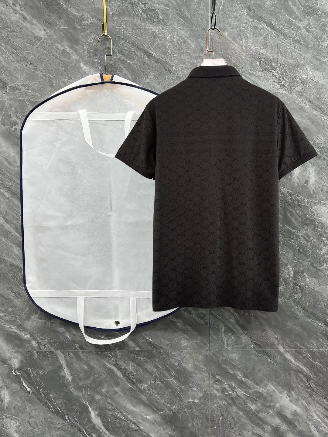 Black Gucci polo shirt back view, short sleeves and plain collar