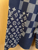 Navy shorts with monogram graphic panel and patchwork check pattern