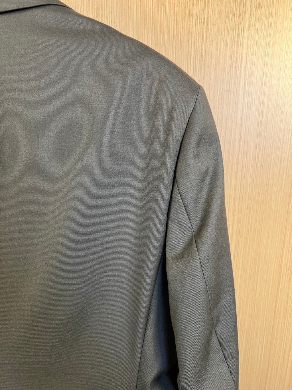 Dark long coat back panel with shoulder seam and side seam detail