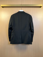 Dark long coat hanging with stand collar and front closure
