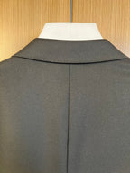 Dark long coat with structured collar and central back seam