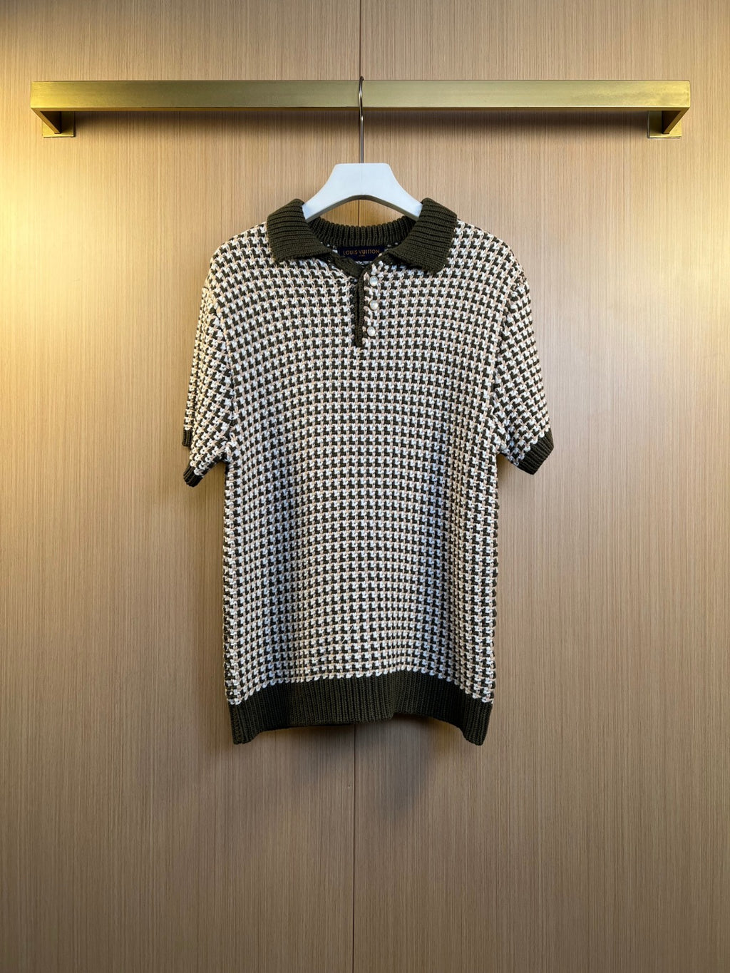 Louis Vuitton knit polo shirt, black and white patterned with dark ribbed collar