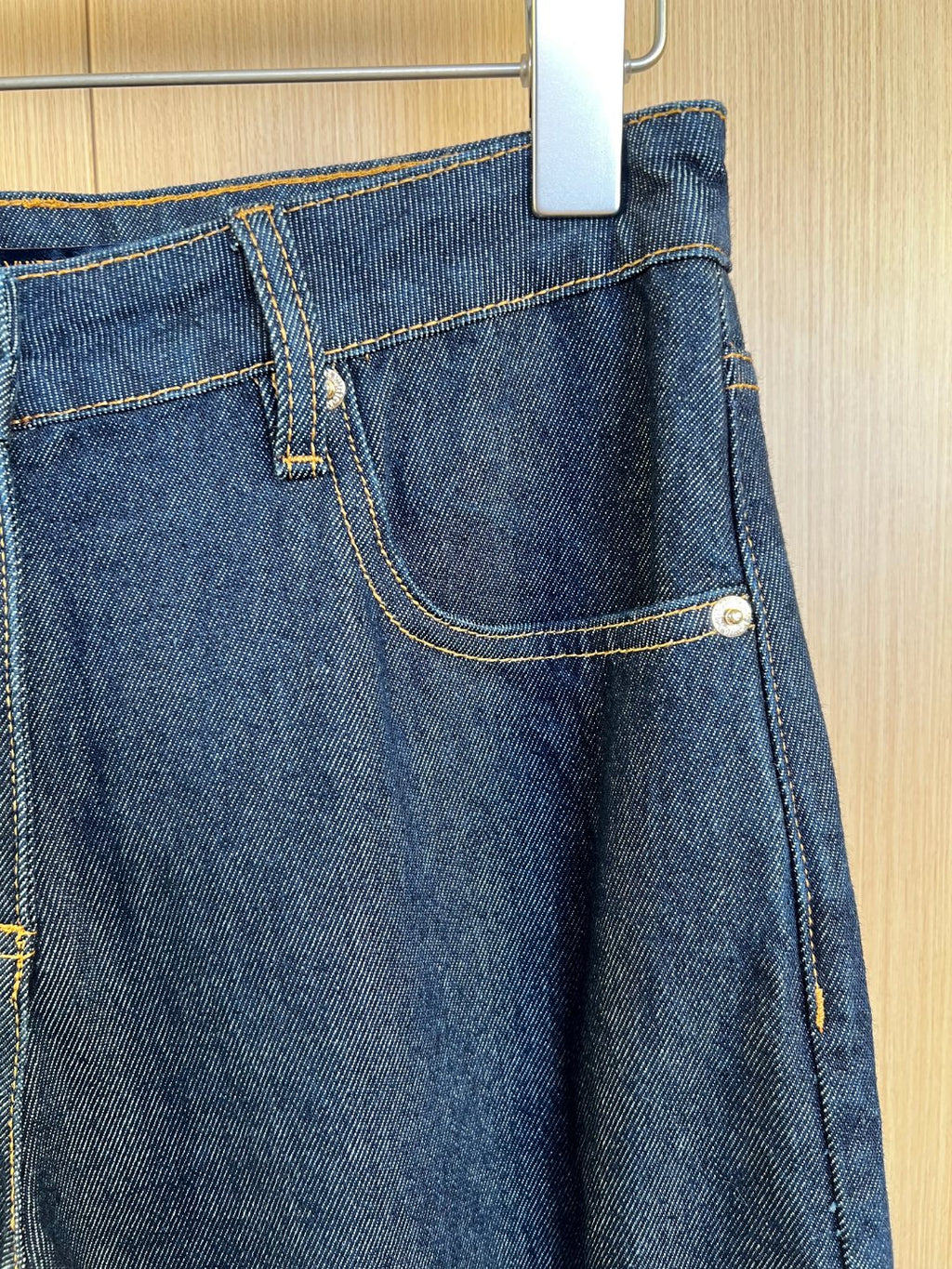 Denim pants front pocket with coin pocket and contrast yellow topstitching