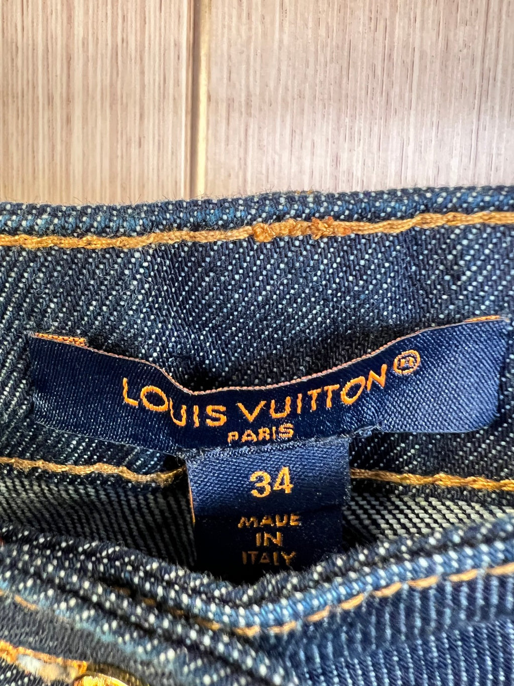 Denim pants interior label: Louis Vuitton Paris, size 34, made in Italy