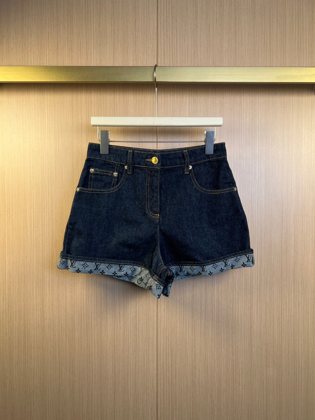 Louis Vuitton denim shorts with monogram trim hem, button closure and belt loops