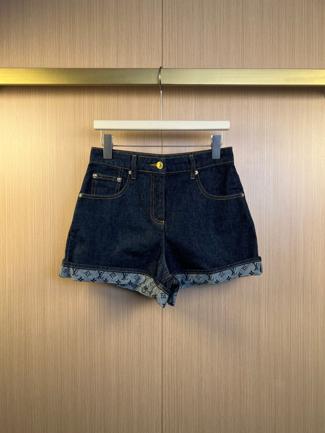 Louis Vuitton denim shorts with monogram trim hem, button closure and belt loops