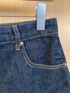 Louis Vuitton denim shorts side seam with contrast stitch and metal button