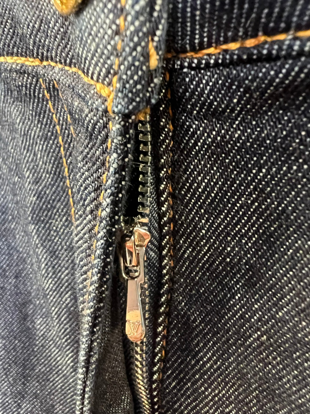 Louis Vuitton denim shorts zipper fly with metal pull and contrast seams