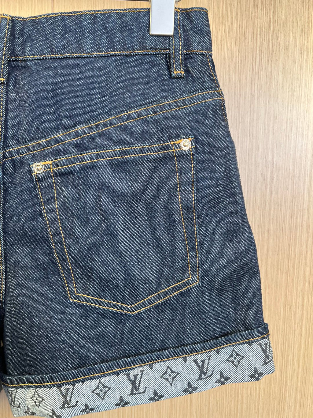 Louis Vuitton denim shorts back with patch pocket and monogram hem trim
