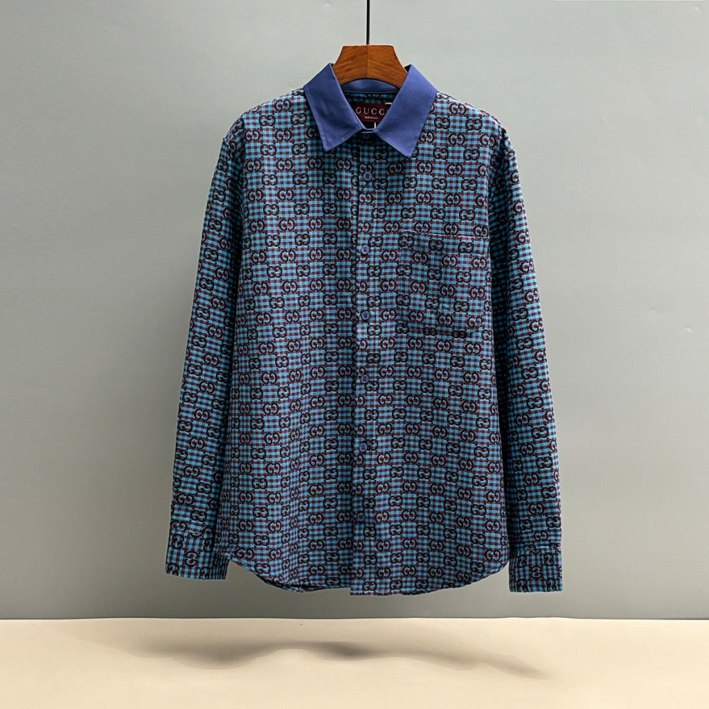 Long-sleeve shirt with Gucci GG pattern, blue and dark plaid, navy collar
