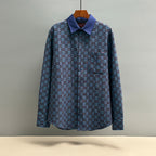 Long-sleeve shirt with Gucci GG pattern, blue and dark plaid, navy collar