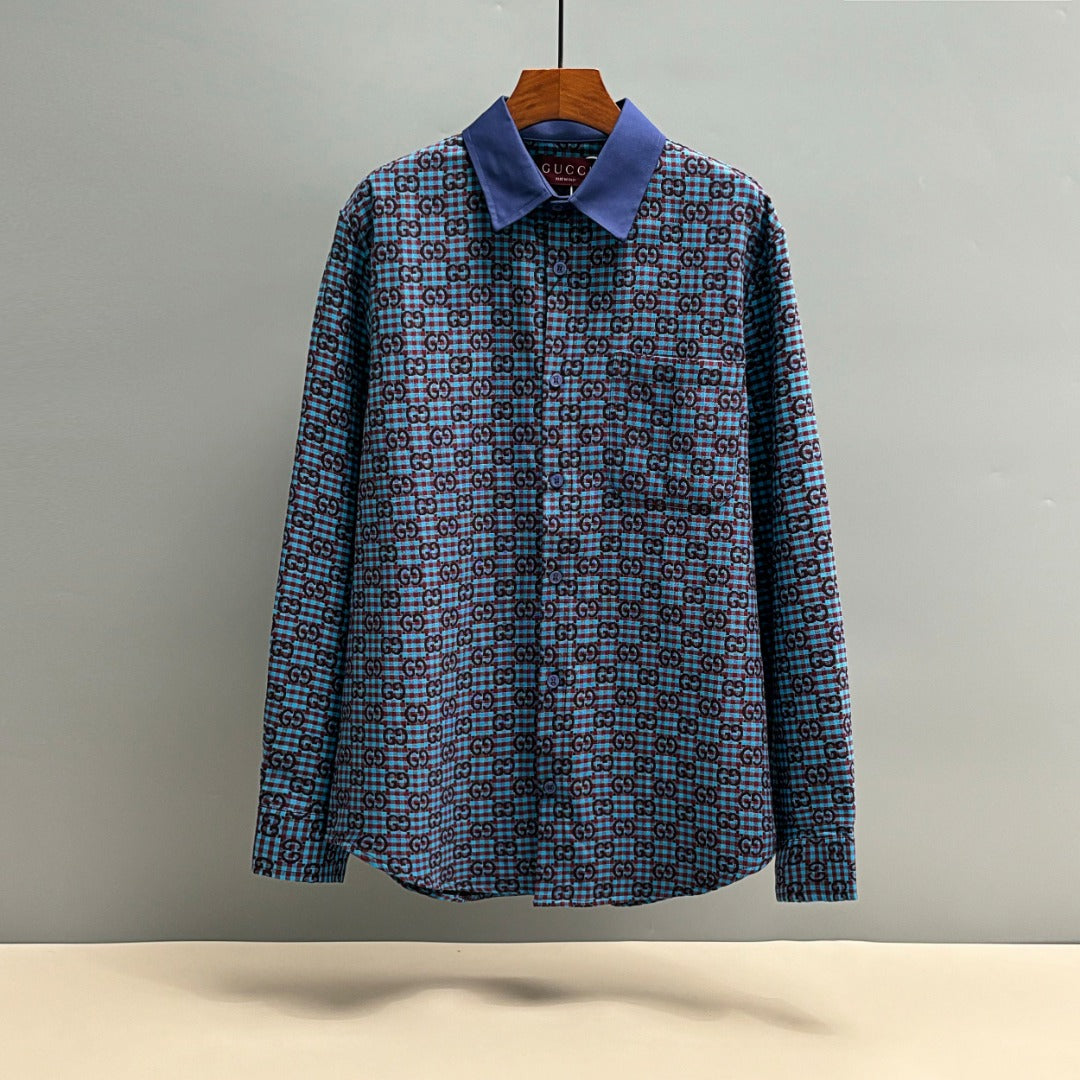 Long-sleeve shirt with Gucci GG pattern, blue and dark plaid, navy collar
