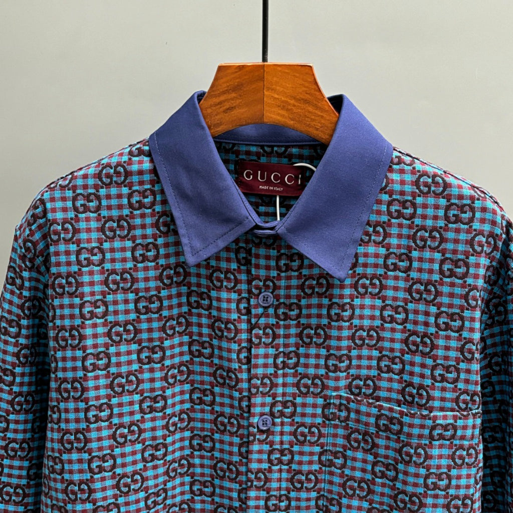 Long-sleeve shirt collar with Gucci GG plaid, blue fabric and navy trim