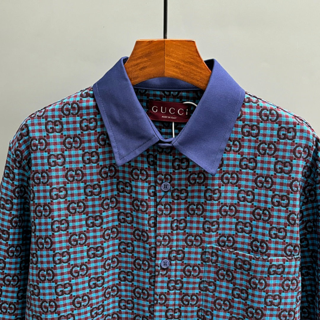 Long-sleeve shirt collar with Gucci GG plaid, blue fabric and navy trim